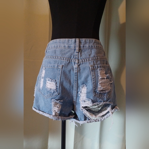 🍒 Shein Distressed Tattered Blue Denim Jean Shorts - Picture 4 of 6